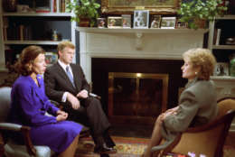 V09718-10A  Vice President and Mrs. Quayle participate in an interview with Barbara Walters at the Vice President's Mansion.
26 September 1991
Photo Credit:  George Bush Presidential Library and Museum