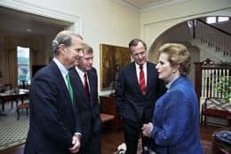 G23234-05  President-elect Bush meets with British Prime Minister Margaret Thatcher at the Vice President's residence.
17 November 1988
Photo credit:  David Valdez