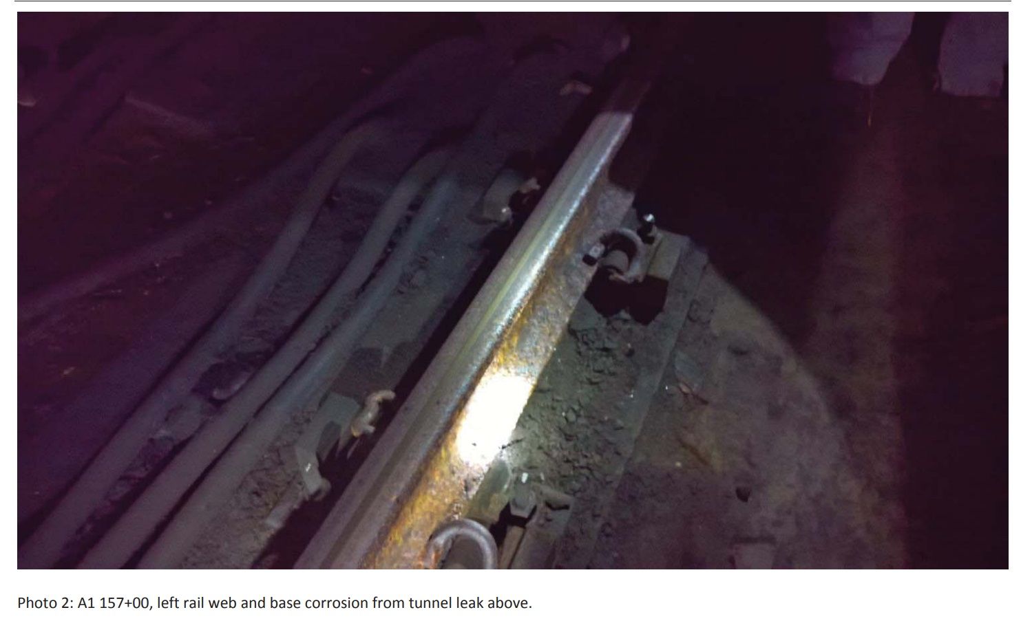 Tunnel leak and rail rusting on Metro's Red Line between Woodley Park and Tenley. (Photo courtesy FTA)