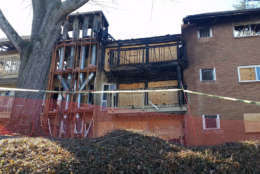 The fire at the Fireside Park Apartments is said to have started on one of these two balconies on Friday. Strong winds is why the fire spread. (WTOP/Kathy Stewart)