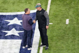 MINNEAPOLIS, MN - FEBRUARY 04:  Head coaches Bill Belichick (L) of the New England Patriots and Doug Pederson of the Philadelphia Eagles shake hands prior to Super Bowl LII at U.S. Bank Stadium on February 4, 2018 in Minneapolis, Minnesota.  (Photo by Christian Petersen/Getty Images)