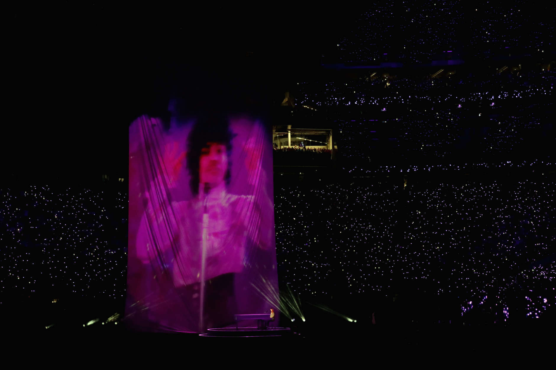 MINNEAPOLIS, MN - FEBRUARY 04: A projection of Prince is shown during the Pepsi Super Bowl LII Halftime Show at U.S. Bank Stadium on February 4, 2018 in Minneapolis, Minnesota.  (Photo by Streeter Lecka/Getty Images)