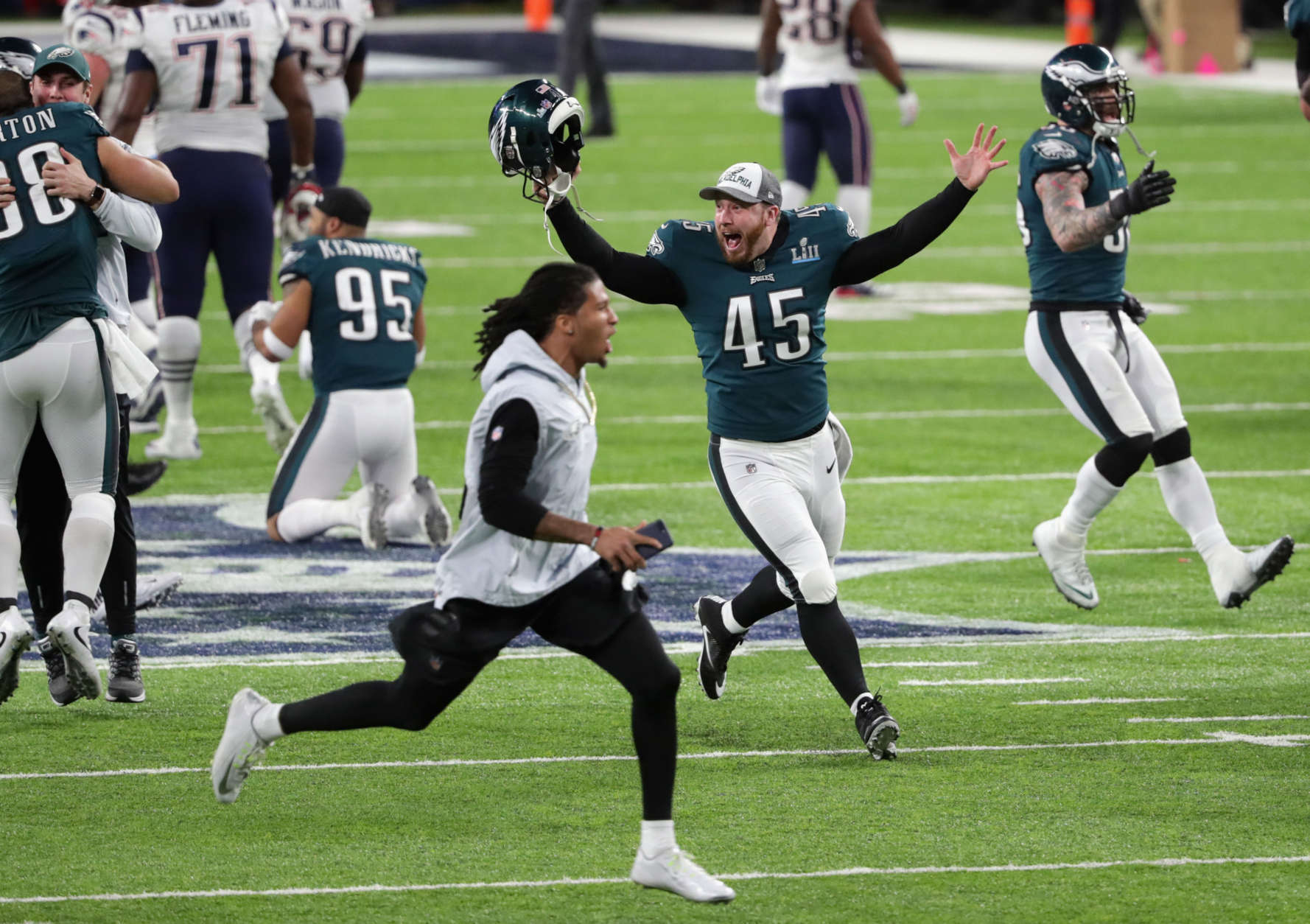 MINNEAPOLIS, MN - FEBRUARY 04:  Rick Lovato #45 of the Philadelphia Eagles runs on the field after defeating the New England Patriots in Super Bowl LII at U.S. Bank Stadium on February 4, 2018 in Minneapolis, Minnesota. The Philadelphia Eagles defeated the New England Patriots 41-33.  (Photo by Streeter Lecka/Getty Images)