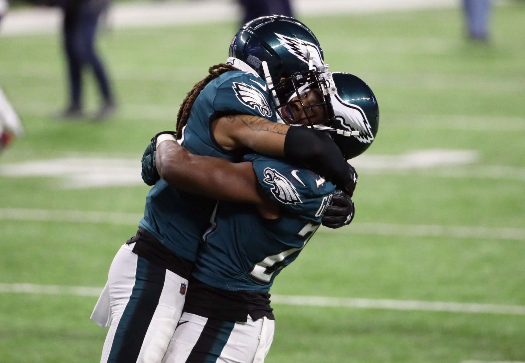 MINNEAPOLIS, MN - FEBRUARY 04:  Ronald Darby #41 and  Corey Graham #24 of the Philadelphia Eagles celebrate winning Super Bowl LII against the New England Patriots 41-33 at U.S. Bank Stadium on February 4, 2018 in Minneapolis, Minnesota.  (Photo by Jonathan Daniel/Getty Images)