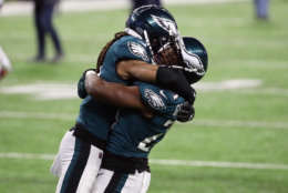 MINNEAPOLIS, MN - FEBRUARY 04:  Ronald Darby #41 and  Corey Graham #24 of the Philadelphia Eagles celebrate winning Super Bowl LII against the New England Patriots 41-33 at U.S. Bank Stadium on February 4, 2018 in Minneapolis, Minnesota.  (Photo by Jonathan Daniel/Getty Images)