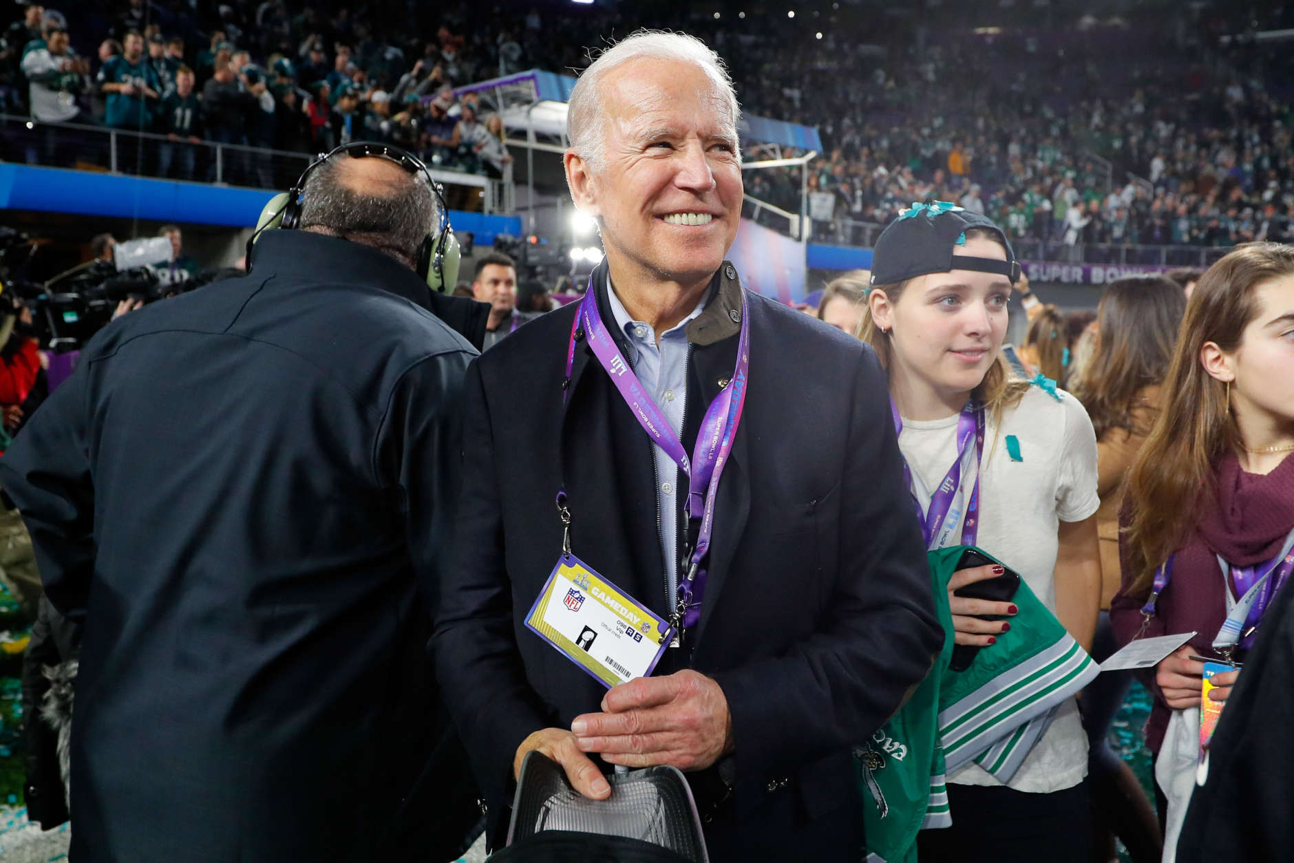 MINNEAPOLIS, MN - FEBRUARY 04:  Former Vice President Joe Biden looks on during the celebrations after the Philadelphia Eagles win over the New England Patriots in Super Bowl LII at U.S. Bank Stadium on February 4, 2018 in Minneapolis, Minnesota. The Philadelphia Eagles defeated the New England Patriots 41-33.  (Photo by Kevin C. Cox/Getty Images)