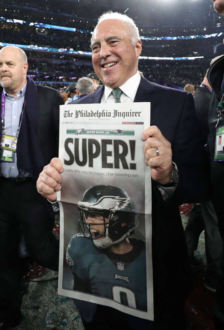 MINNEAPOLIS, MN - FEBRUARY 04:  Oowner Jeffery Lurie celebrates after defeating the New England Patriots 41-33 in Super Bowl LII at U.S. Bank Stadium on February 4, 2018 in Minneapolis, Minnesota.  (Photo by Patrick Smith/Getty Images)