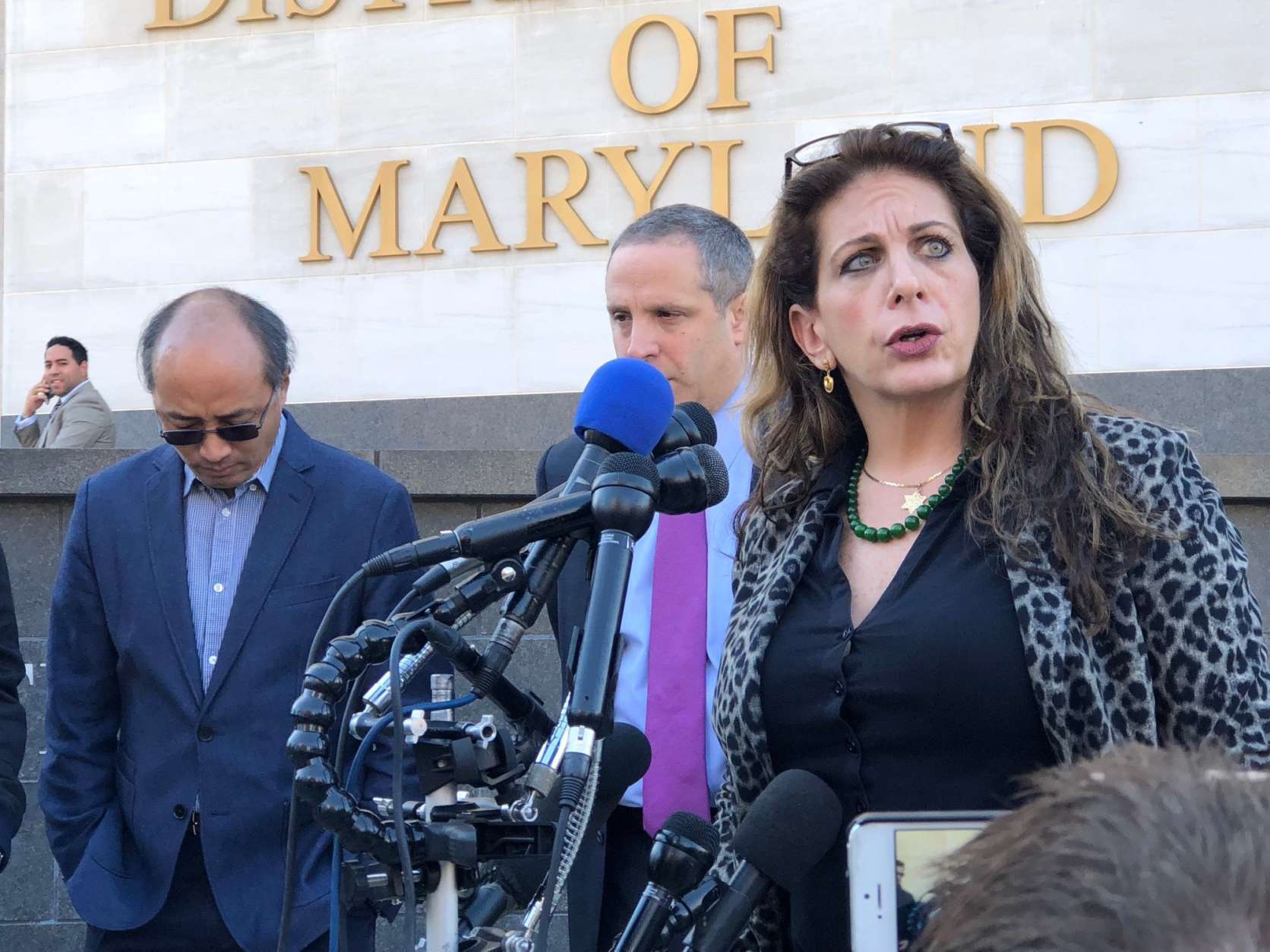 Jill Michaels, a defense attorney for Alwin Chen, speaks with the media after the hearing Tuesday. (WTOP/Megan Cloherty)