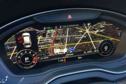Audi has made adding technology a priority for 2018. The slick, virtual cockpit is part of the Prestige package, which stacks $4,200 onto the price but adds to a cool dash: a glass cockpit lock replacing the mechanical gauges with virtual ones. You can even have the map there so you don’t have to look at the center dash. (WTOP/Mike Parris) 