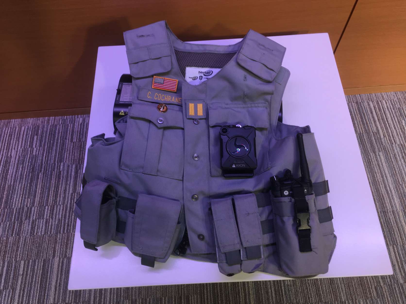 Fairfax County police announced a test run for a body camera program. Seen here is an example of what the cameras would like on police vests. (WTOP Mike Murillo)