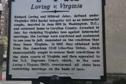 A sign commemorating the Loving case was installed on the 50th anniversary of the lawsuit in front of the old Virginia Supreme Court building in Richmond, Virginia. (Courtesy Capital News Service)
