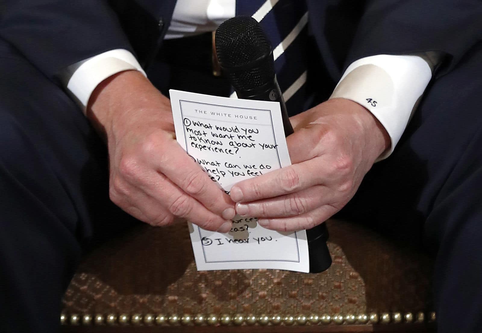 President Donald Trump holds notes during a listening session with high school students and teachers in the State Dining Room of the White House in Washington, Wednesday, Feb. 21, 2018. Trump  heard the stories of students and parents affected by school shootings, following last week's deadly shooting in Florida. (AP Photo/Carolyn Kaster)