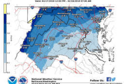 Expected snowfalls for Saturday, Feb. 17. (Courtesy National Weather Service)