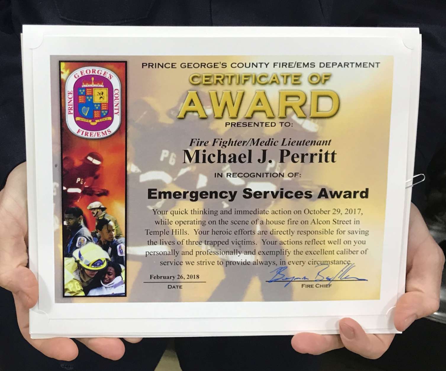 Michael Perritt was one of six firefighters to receive the Emergency Services Award. (WTOP/Kyle Cooper)