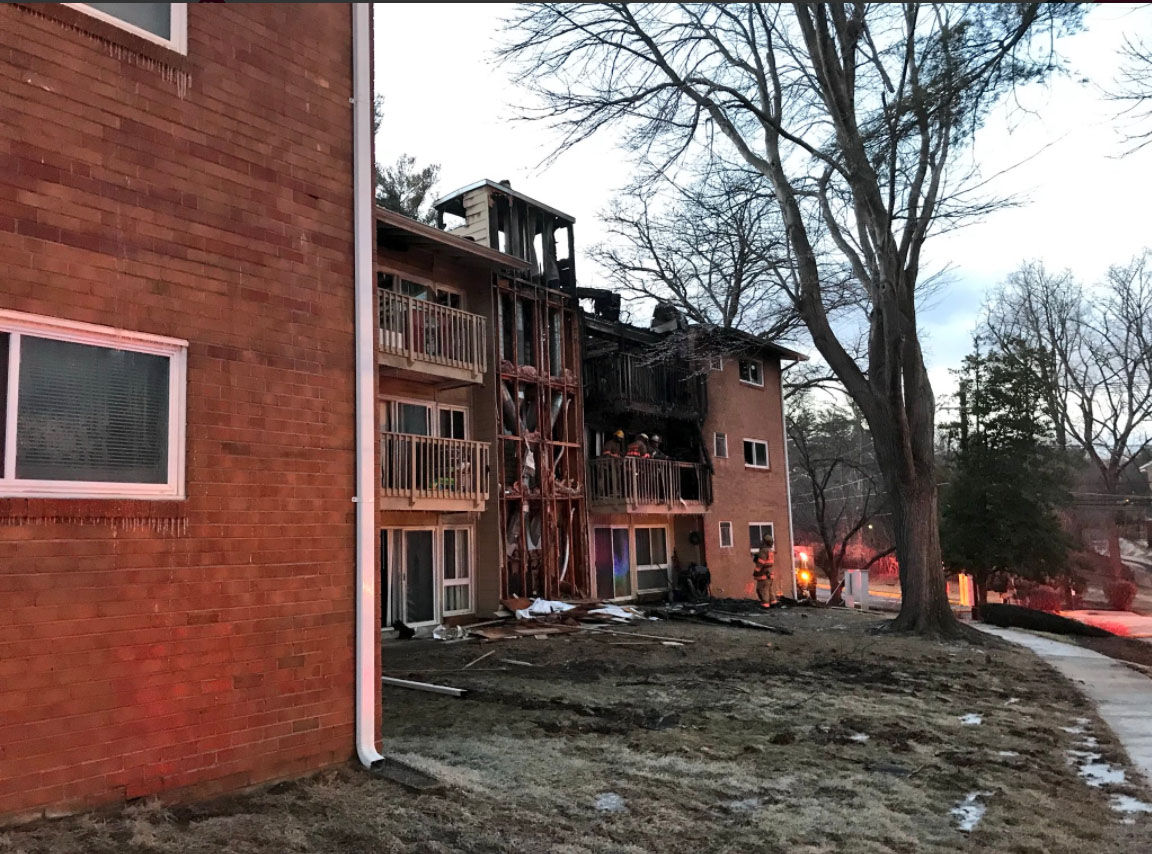 Montgomery County firefighters were called around 1:30 p.m. to the garden-style Fireside Park Apartments in the 700 block of Monroe Street. (Courtesy Montgomery County Fire and Rescue)