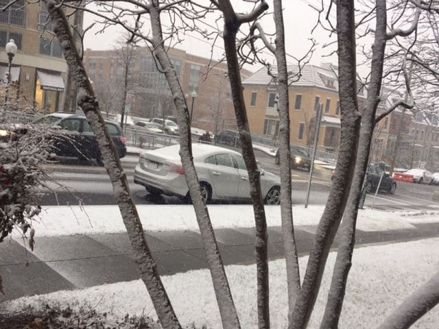 Snow falls on Idaho Ave. NW. (WTOP/Chantalle Edmunds)