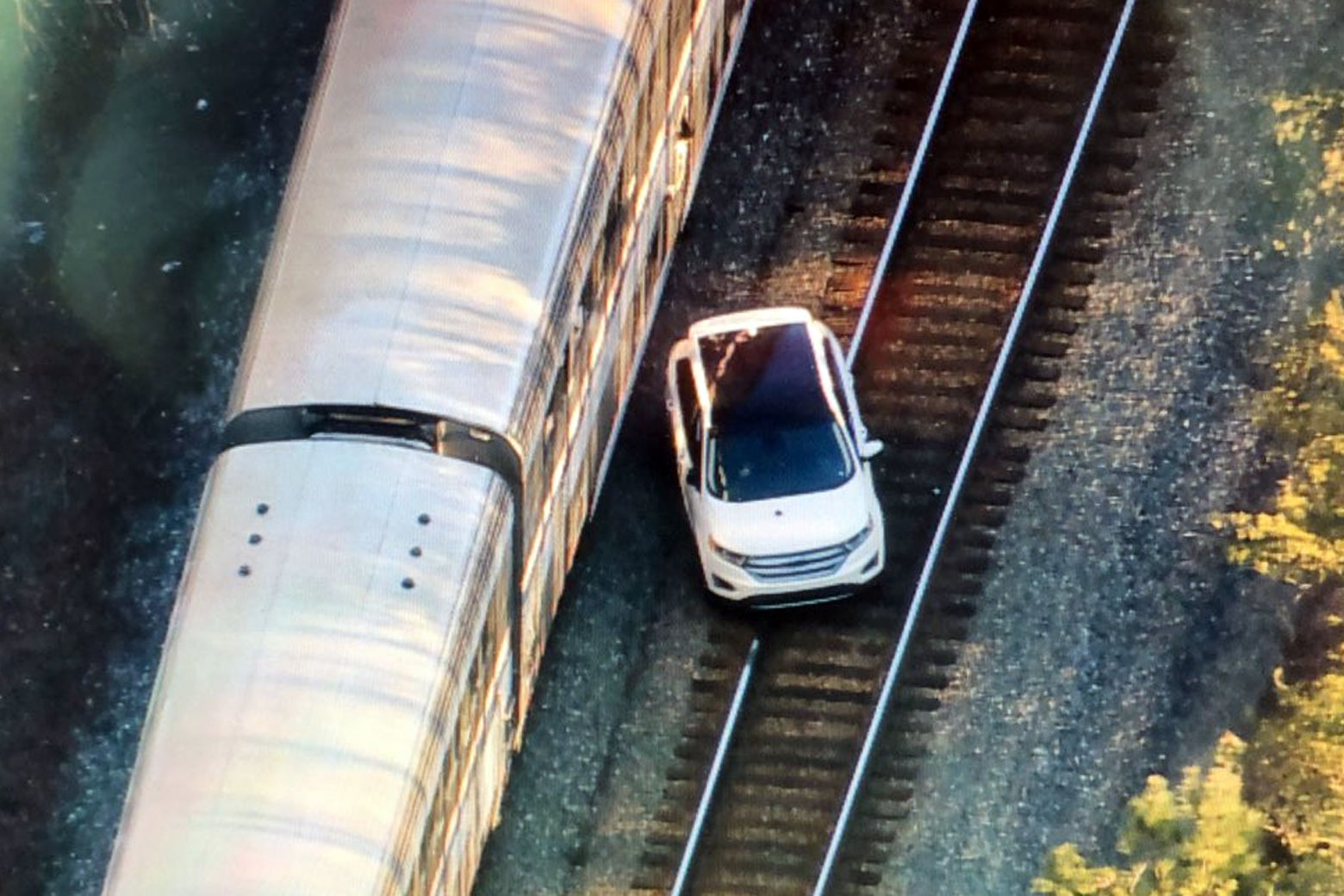 An Amtrak Auto Train struck a car on the tracks Tuesday morning near Lorton, Virginia. (NBC Washington/Brad Freitas)