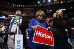 Rep. Louise Slaughter, D-N.Y., holds up a sign during the second day session of the Democratic National Convention in Philadelphia, Wednesday, July 27, 2016. (AP Photo/Carolyn Kaster)