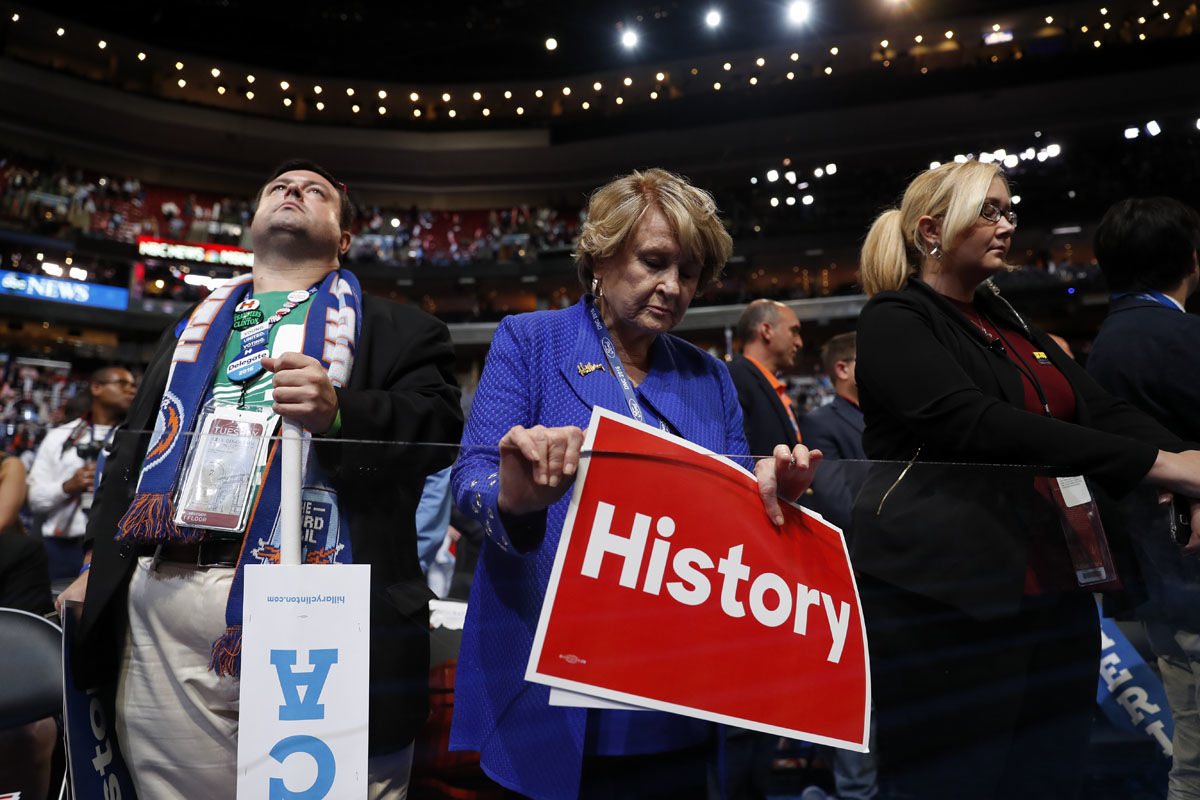 Rep. Louise Slaughter, D-N.Y., holds up a sign during the second day session of the Democratic National Convention in Philadelphia, Wednesday, July 27, 2016. (AP Photo/Carolyn Kaster)