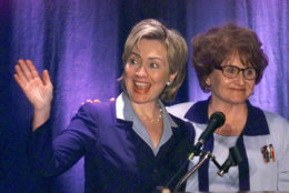 First lady Hillary Rodham Clinton is introduced by U.S. Rep. Louise Slaughter, D-NY, right, during a fundraiser for Slaughter at the Crowne Plaza Hotel in Rochester, N.Y., Friday, Aug. 6, 1999. Mrs. Clinton is continuing her New York "listening tour" into next week. (AP Photo/David Duprey)