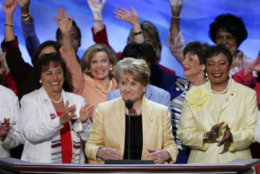 Rep. Louise Slaughter, D-N.Y., joined by other women representatives speaks to the delegates at the Democratic National Convention during a tribute to Democratic women of Congress in Boston on Thursday, July 29, 2004. (AP Photo/Ron Edmonds)