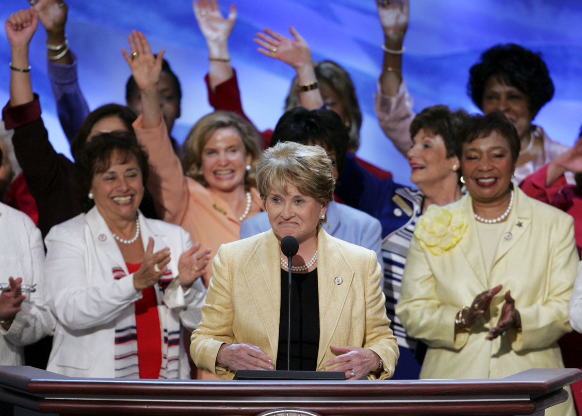 Rep. Louise Slaughter, D-N.Y., joined by other women representatives speaks to the delegates at the Democratic National Convention during a tribute to Democratic women of Congress in Boston on Thursday, July 29, 2004. (AP Photo/Ron Edmonds)