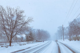 Snow accumulates on backroads in Montgomery County on March 21. (Courtesy roma g via Twitter)