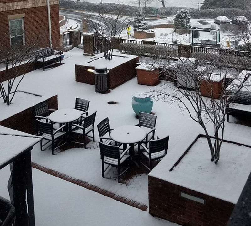 This deck in West Alexandria was all ready for spring and summer, but winter weather isn't over yet. (Courtesy Char Slaughter via Twitter)