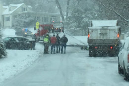A snow plow hit a vehicle on Windsor Road in Ijamsville, Maryland, in Frederick County. (Courtesy Jamie via Twitter)
