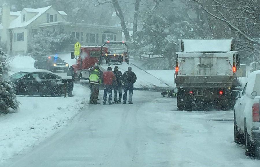 A snow plow hit a vehicle on Windsor Road in Ijamsville, Maryland, in Frederick County. (Courtesy Jamie via Twitter)