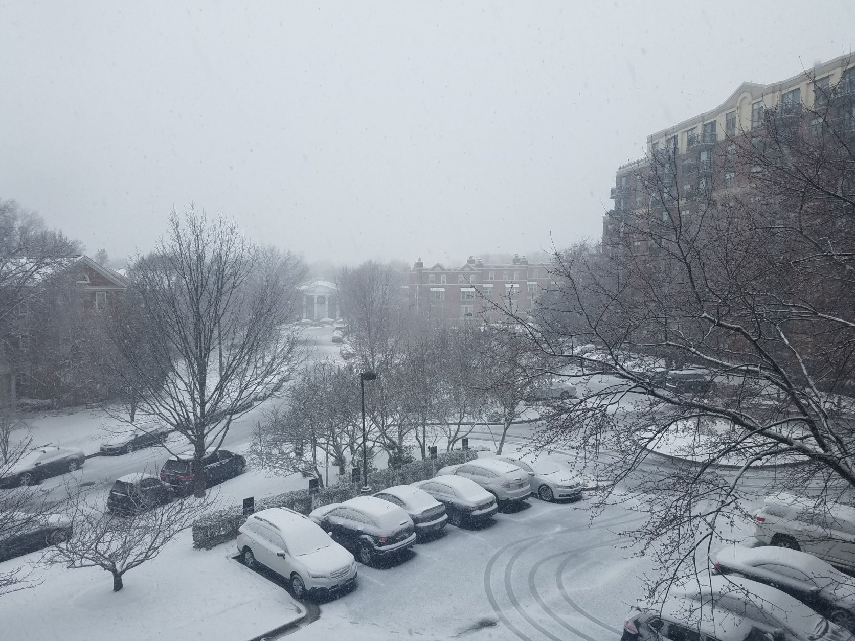 A snowy view in Northwest from outside the Glass-Enclosed Nerve Center. (WTOP/William Vitka)
