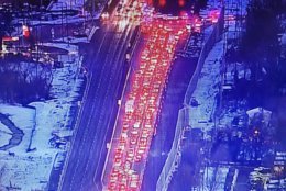 Traffic is backed up on northbound Indian Head Highway Thursday morning after a pedestrian was fatally struck. (Courtesy NBC Washington)