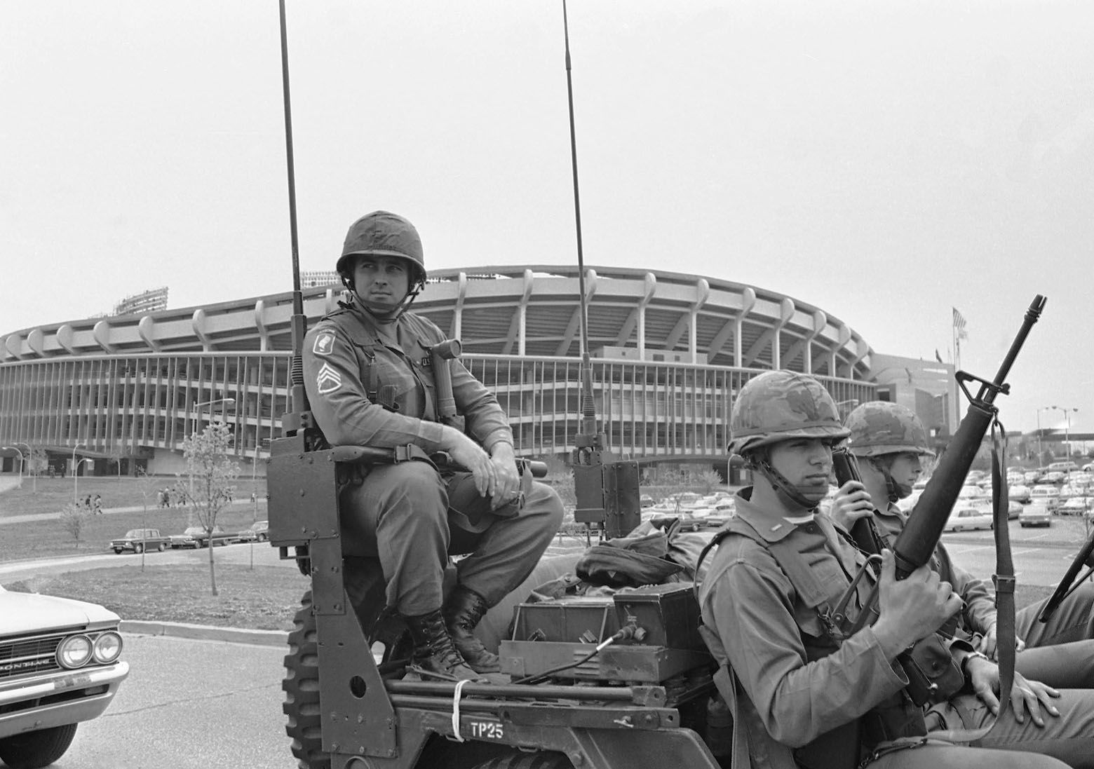 Several hundred of the Federal troops on duty in wake of violence in Washington area on April 11, 1968, watched the Minnesota Twins defeat the Washington Senators 5-4. (AP Photo/Harvey Georges)