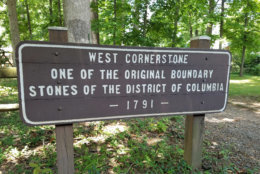 The west cornerstone rests in Andrew Ellicott Park in Falls Church. (WTOP/William Vitka)