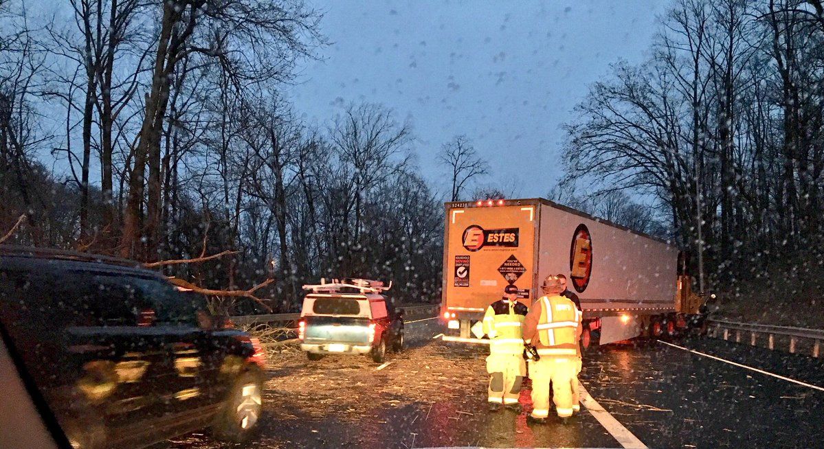 A crash involving a downed tree, a tractor trailer and several vehicles blocked some lanes on I-495 between old Georgetown Road and Route 355 Rockville Pike. (Courtesy Pete Piringer via Twitter)