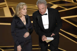 Faye Dunaway, left, and Warren Beatty present the award for best picture at the Oscars on Sunday, March 4, 2018, at the Dolby Theatre in Los Angeles. (Photo by Chris Pizzello/Invision/AP)