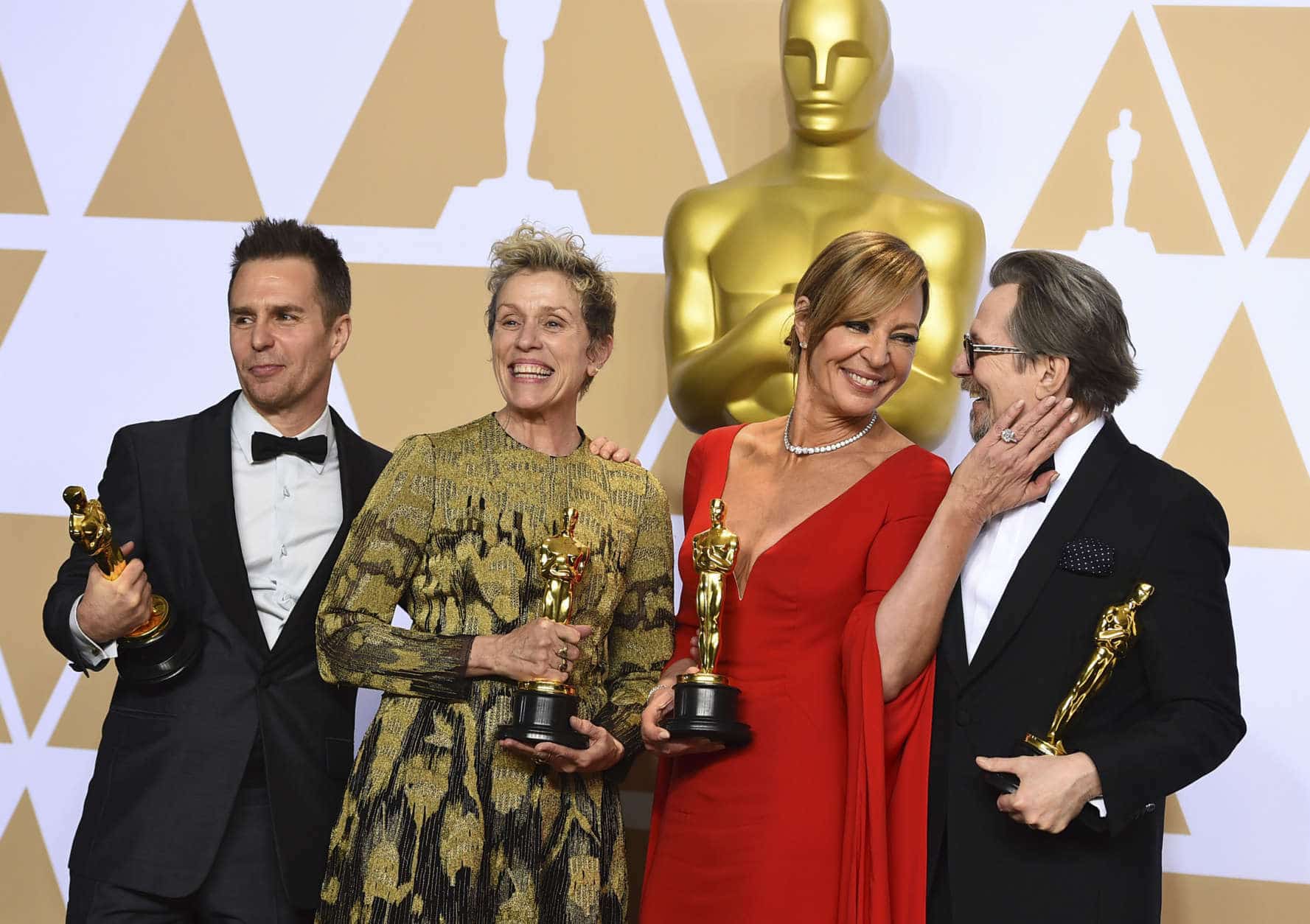 Sam Rockwell, from left, winner of the award for best performance by an actor in a supporting role for "Three Billboards Outside Ebbing, Missouri", Frances McDormand, winner of the award for best performance by an actress in a leading role for "Three Billboards Outside Ebbing, Missouri", Allison Janney, winner of the award for best performance by an actress in a supporting role for "I, Tonya", and Gary Oldman, winner of the award for best performance by an actor in a leading role for "Darkest Hour", pose in the press room at the Oscars on Sunday, March 4, 2018, at the Dolby Theatre in Los Angeles. (Photo by Jordan Strauss/Invision/AP)