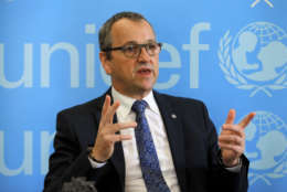 In this Monday, March 12, 2018 photo, Geert Cappelaere, UNICEF regional director for the Middle East and North Africa, speaks during an interview with The Associated Press, in Beirut, Lebanon. After seven years of war in Syria, the United Nations has one thing to say: Stop the war on children. Of Syria’s estimated 10 million children, 8.6 million are now in dire need of assistance, nearly 6 million children are displaced or living as refugees and about 2.5 million are out of school. (AP Photo/Bilal Hussein)