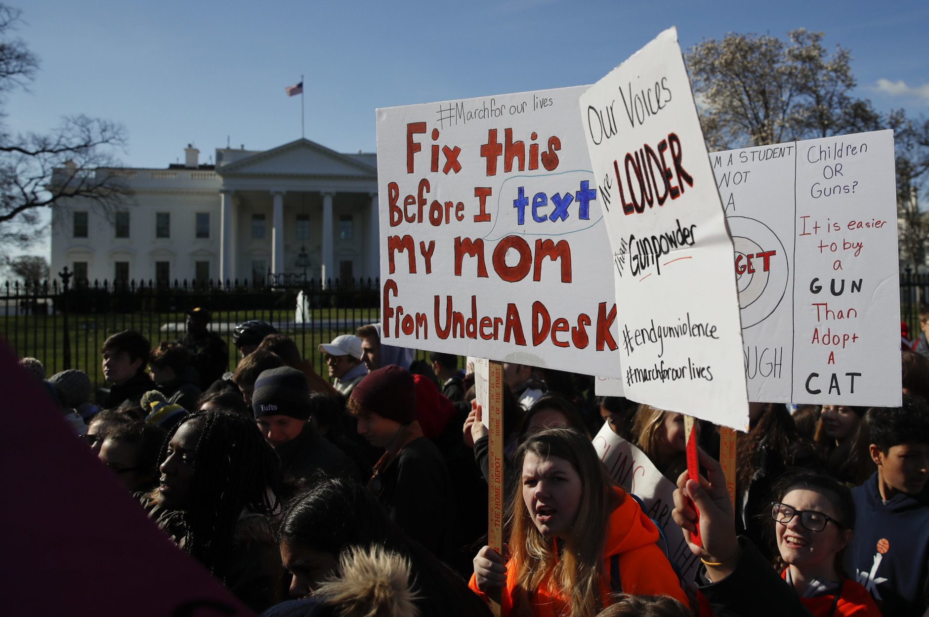 Students rally in front of the White House in Washington, Wednesday, March 14, 2018. Students walked out of school to protest gun violence in the biggest demonstration yet of the student activism that has emerged in response to last month's massacre of 17 people at Florida's Marjory Stoneman Douglas High School. (AP Photo/Carolyn Kaster)