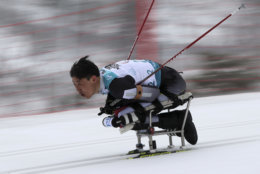 Gao Xiaoming of China competes in the Biathlon Men's 15km Sitting event during the 2018 Winter Paralympics at the Alpensia Biathlon Centre in Pyeongchang, South Korea, Friday, March 16, 2018. (AP Photo/Ng Han Guan)