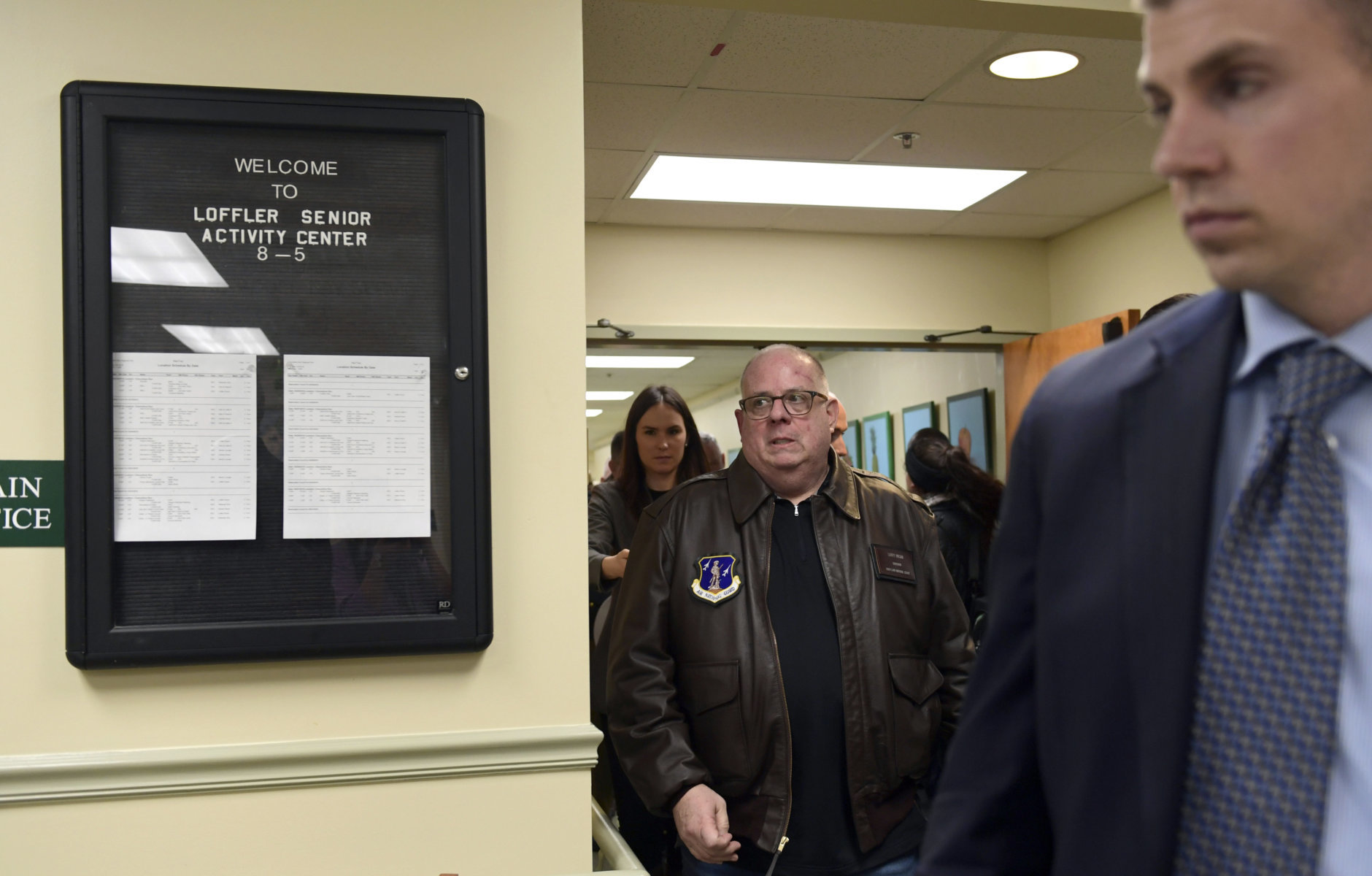 Maryland Gov. Larry Hogan walks out of Loffler Senior Center, in Great Mills., Md., following a news conference, Tuesday, March 20, 2018, on the shooting at Great Mills High School. (AP Photo/Susan Walsh)