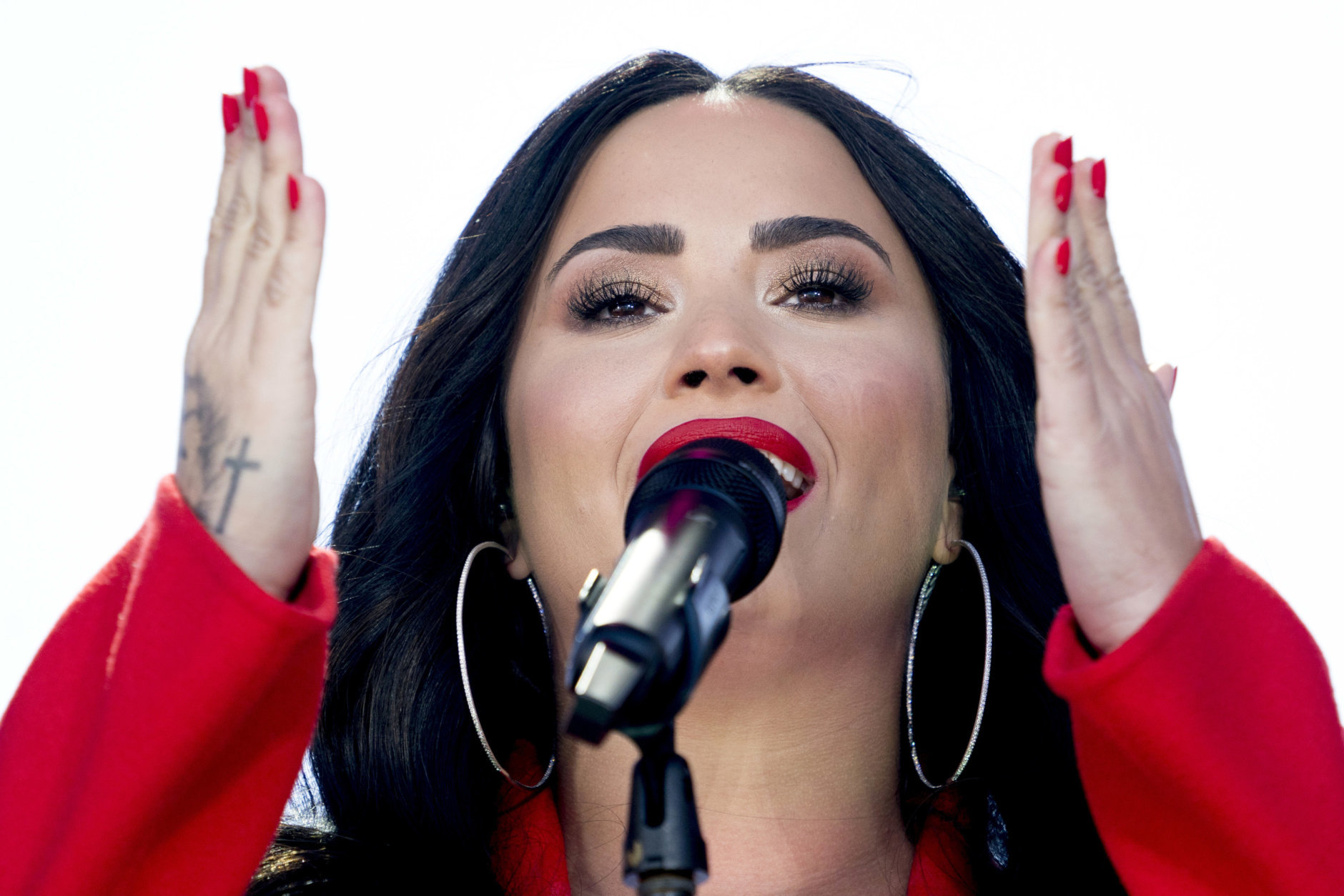 Demi Lovato performs "Skyscraper" during the "March for Our Lives" rally in support of gun control in Washington, Saturday, March 24, 2018. (AP Photo/Andrew Harnik)