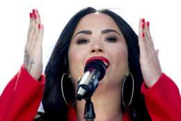 Demi Lovato performs "Skyscraper" during the "March for Our Lives" rally in support of gun control in Washington, Saturday, March 24, 2018. (AP Photo/Andrew Harnik)
