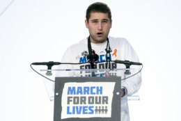Alex Wind, a survivor of the mass shooting at Marjory Stoneman Douglas High School in Parkland, Fla., speaks during the "March for Our Lives" rally in support of gun control in Washington, Saturday, March 24, 2018. (AP Photo/Andrew Harnik)