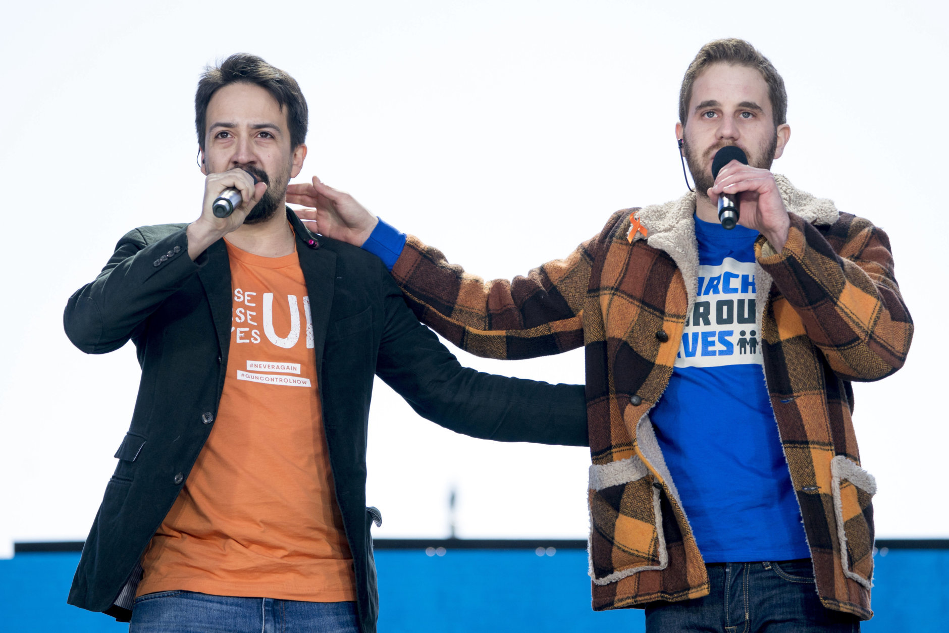 Lin-Manuel Miranda and Ben Platt perform "Found Tonight" during the "March for Our Lives" rally in support of gun control in Washington, Saturday, March 24, 2018. (AP Photo/Andrew Harnik)