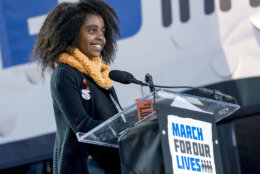 Naomi Wadler, 11, a student at George Mason Elementary School, who organized a school walkout at her school in Alexandria, Va., after the school shooting in Parkland, Fa., speaks during the "March for Our Lives" rally in support of gun control in Washington, Saturday, March 24, 2018. (AP Photo/Andrew Harnik)