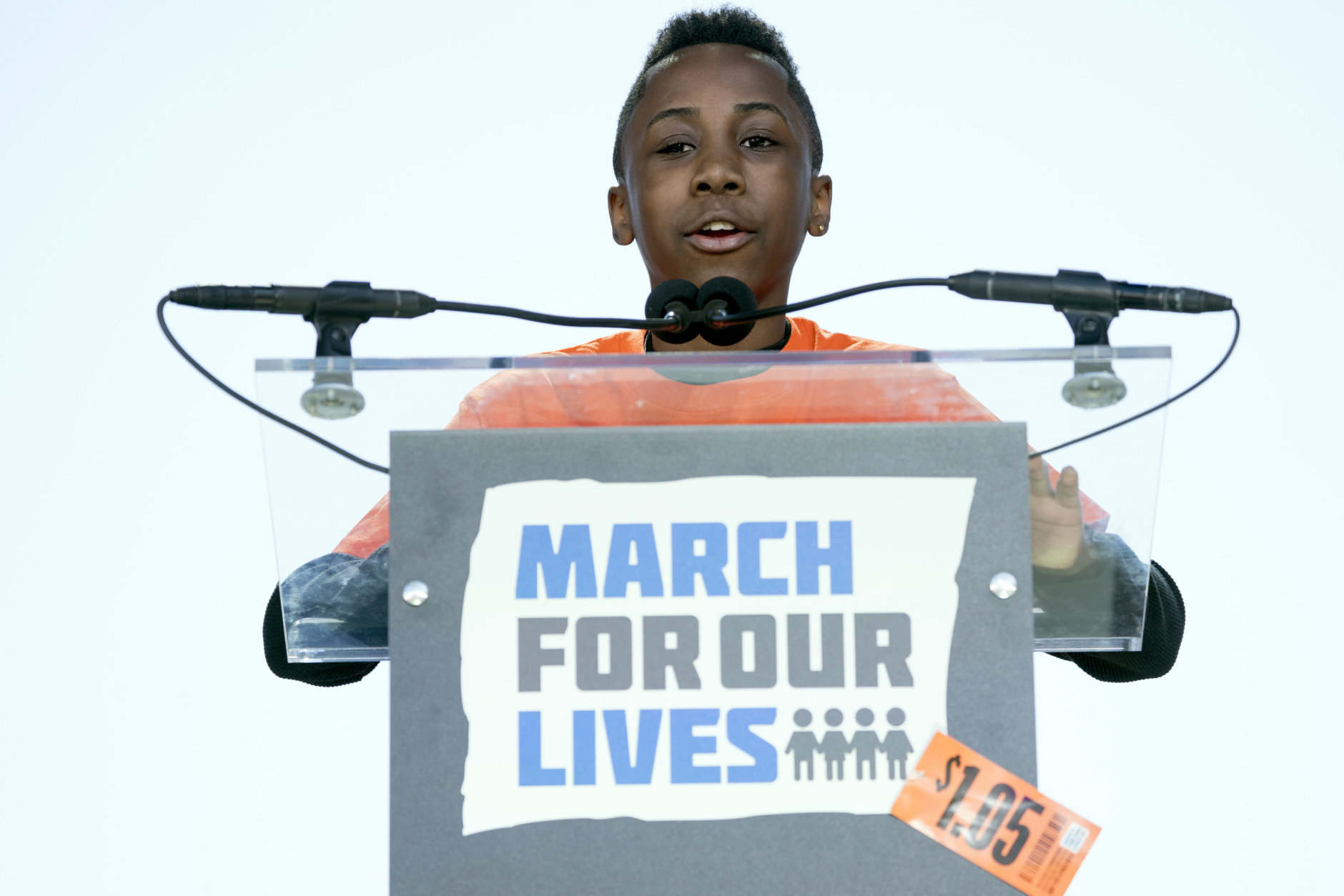 Christopher Underwood, a junior ambassador with Moms Demand Action for Gun Sense in America, who lost his brother to gun violence in the Brooklyn borough of New York in 2012, speaks during the "March for Our Lives" rally in support of gun control in Washington, Saturday, March 24, 2018. (AP Photo/Andrew Harnik)
