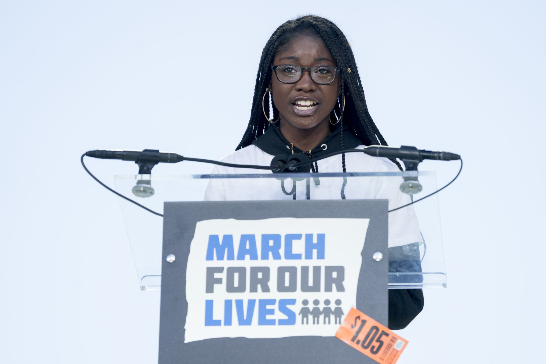 Student Aalayah Eastmond, a survivor of the mass shooting at Marjory Stoneman Douglas High School in Parkland, Fla., speaks during the "March for Our Lives" rally in support of gun control in Washington, Saturday, March 24, 2018. (AP Photo/Andrew Harnik)