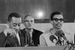Dr. Kenneth Clark, New York psychologist and member of the board of trustees of Howard University, speaks at a news conference which student leaders in Washington, D.C., March 23, 1968. From left: Clark, Edward Brown, student council president, Tony Gittens and Q. T. Jackson. (AP Photo/Bob Schutz)