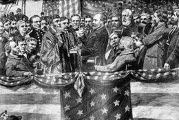 Depicted in this undated illustration from an old print, the inauguration of President James A. Garfield in 1881 by Supreme Court Justice Noah H. Swayne. (AP Photo)